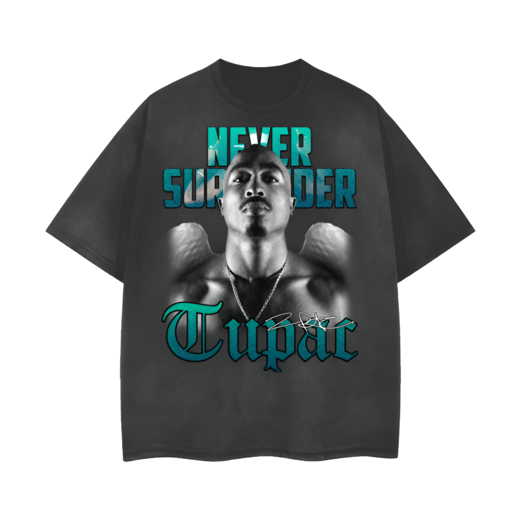 Tupac | Never Surrender | Vintage Wash Frayed T-Shirt - 260 GSM